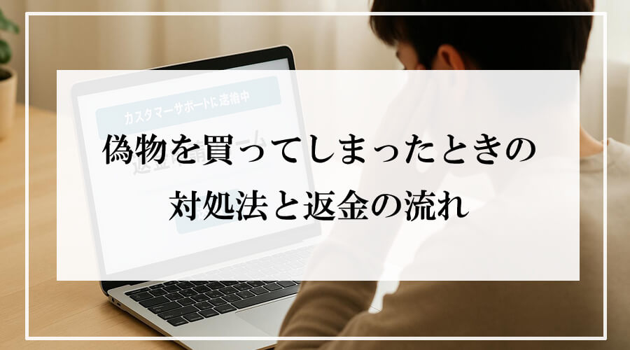 返金申請フォームが表示されたノートパソコンの画面を見ながら、困った様子で座る人物の後ろ姿。明るいが落ち着いた雰囲気の返金対応シーン。